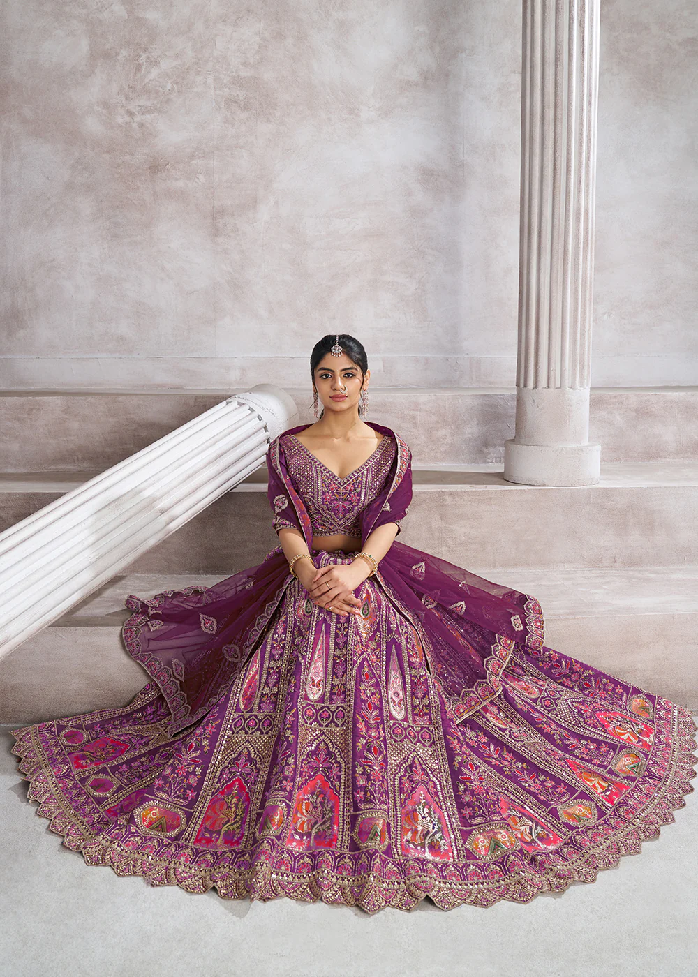 Banarasi Silk Purple Aari Embroidered Bridal Lehenga Choli - Image 4