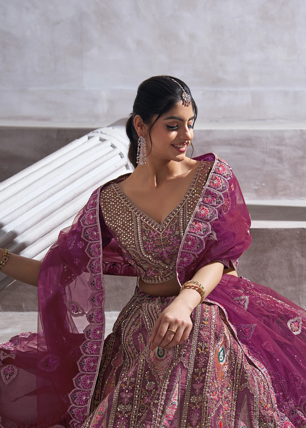 Banarasi Silk Purple Aari Embroidered Bridal Lehenga Choli - Image 5