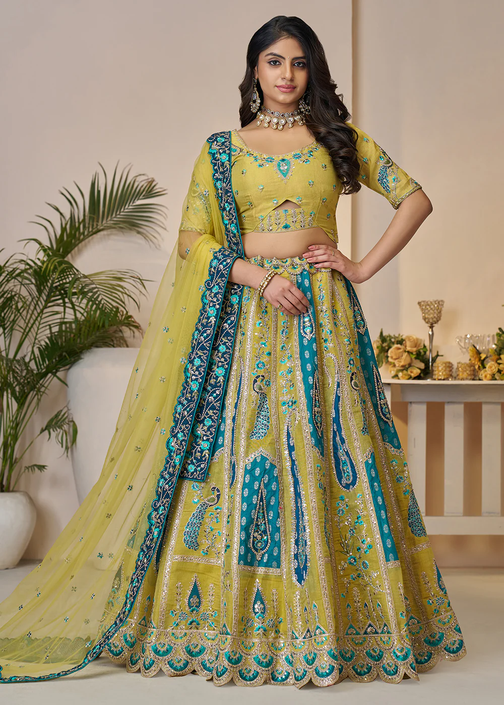 Banarasi Silk Yellow Embroidered Wedding Festive Lehenga Choli