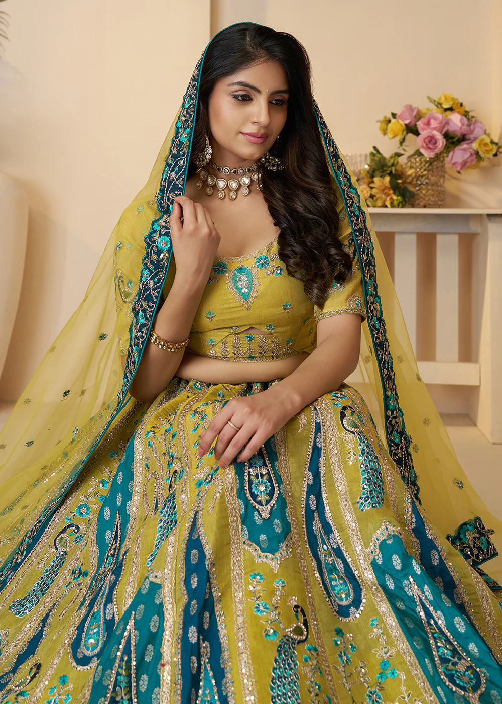 Banarasi Silk Yellow Embroidered Wedding Festive Lehenga Choli - Image 2