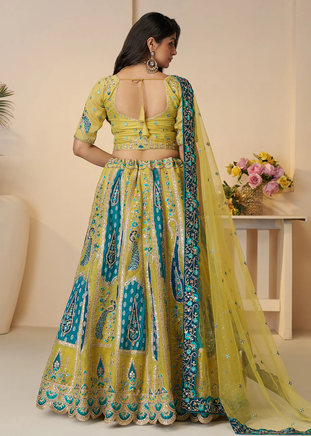 Banarasi Silk Yellow Embroidered Wedding Festive Lehenga Choli - Image 3