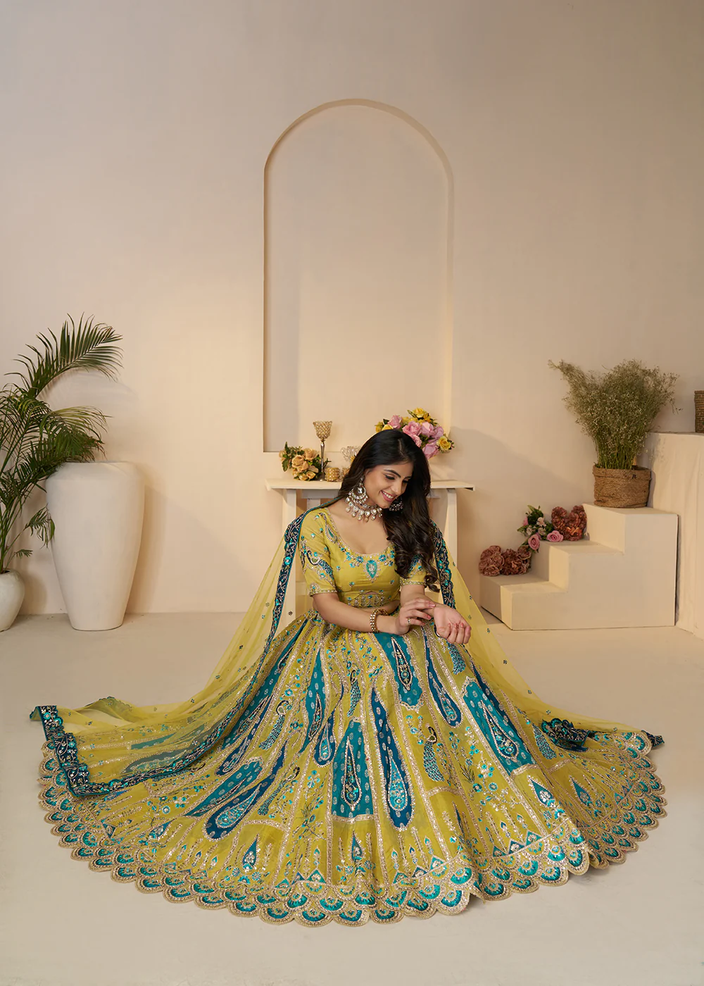 Banarasi Silk Yellow Embroidered Wedding Festive Lehenga Choli - Image 4