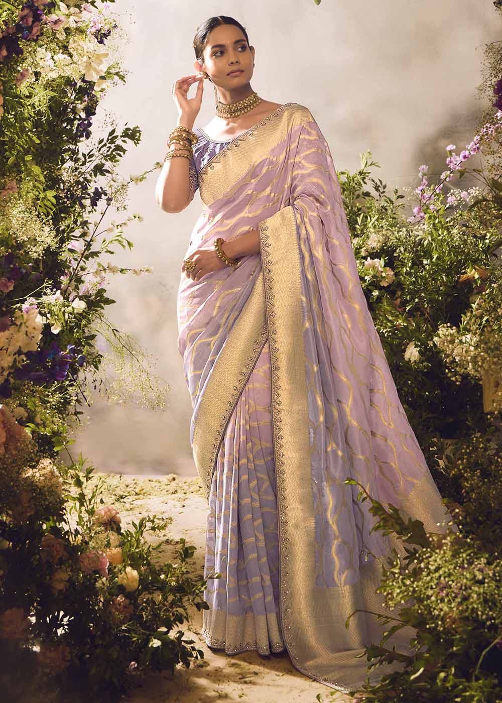 Banarasi Silk Zari Tissue Lavender Festive Wear Saree