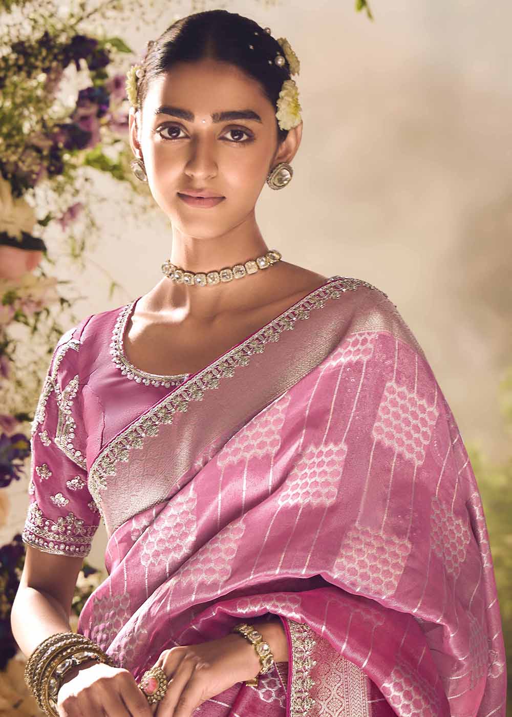 Banarasi Silk Zari Tissue Pink Festive Wear Saree - Image 4