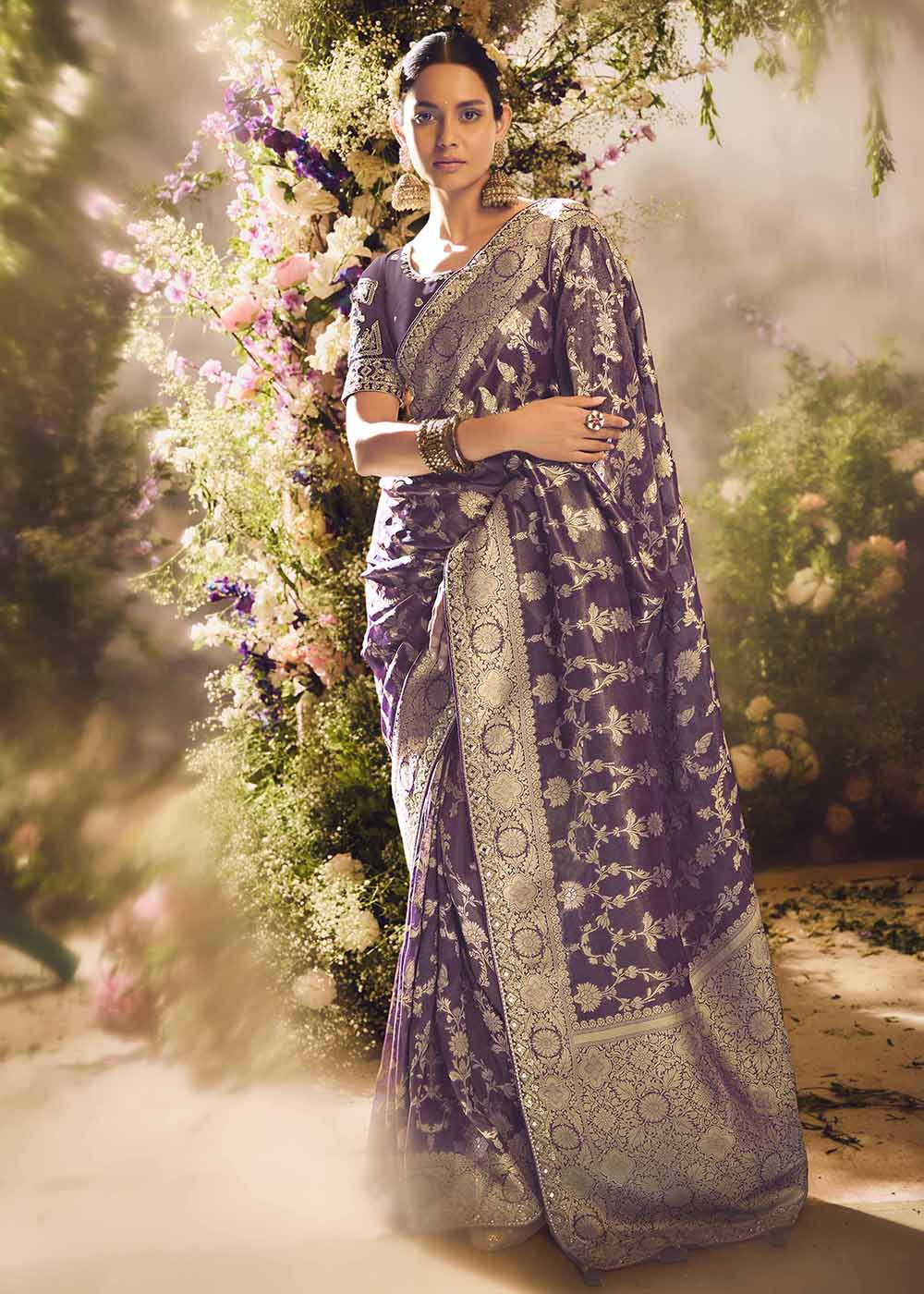 Banarasi Silk Zari Tissue Purple Festive Wear Saree