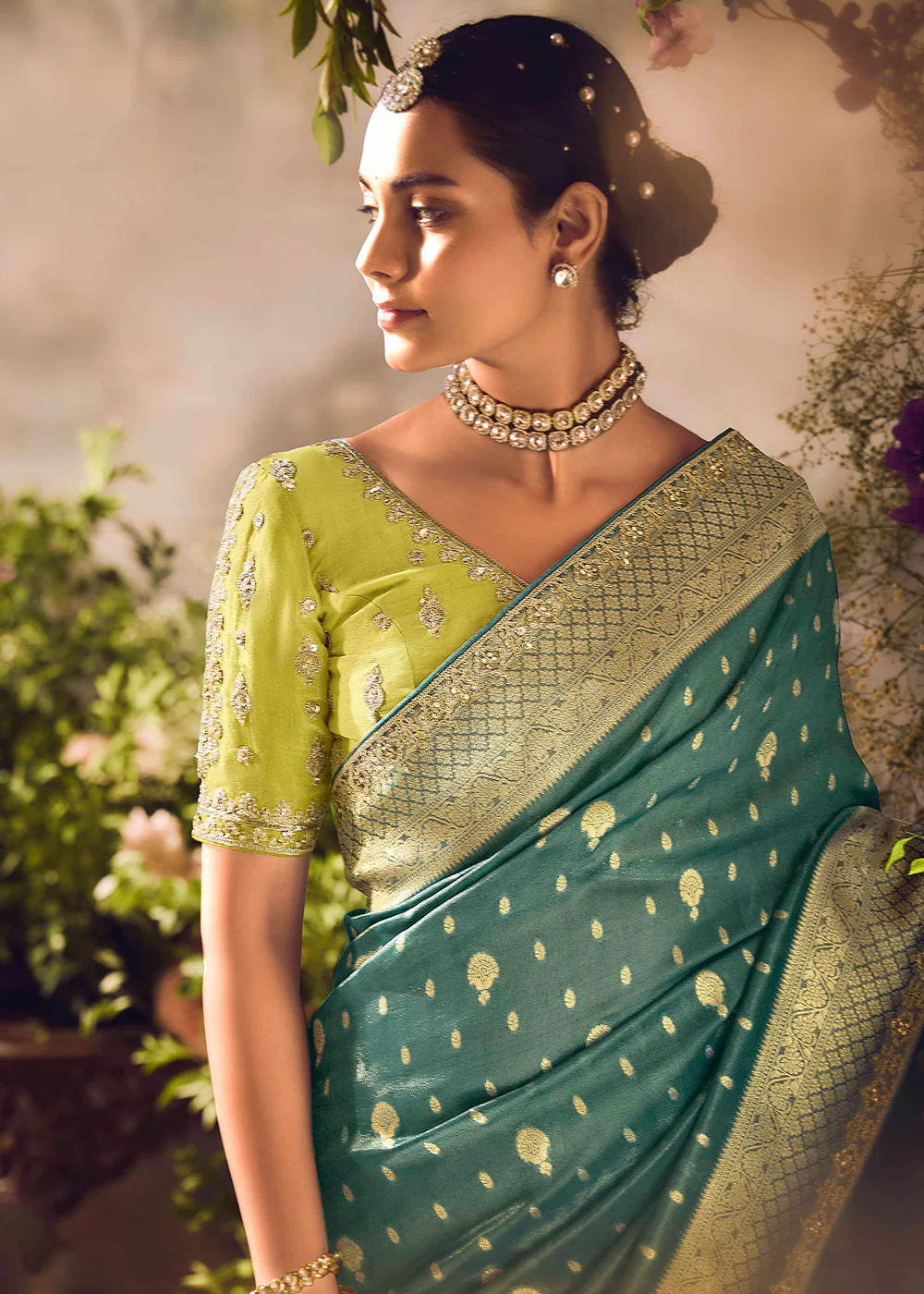 Banarasi Silk Zari Tissue Teal Green Festive Wear Saree - Image 2