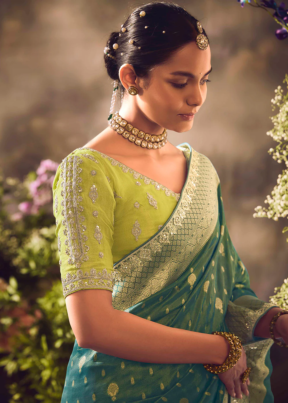 Banarasi Silk Zari Tissue Teal Green Festive Wear Saree - Image 4