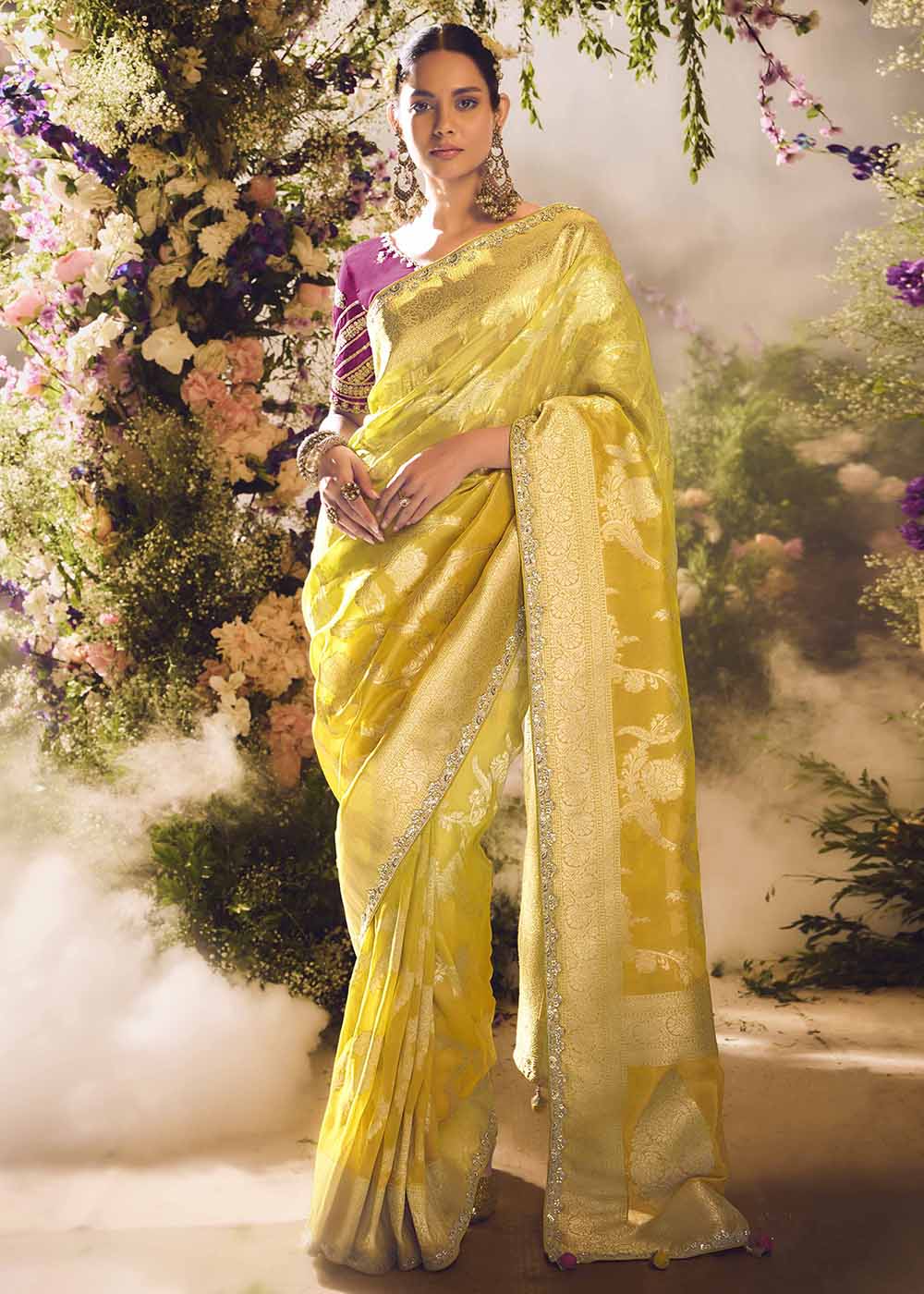 Banarasi Silk Zari Tissue Yellow Festive Wear Saree