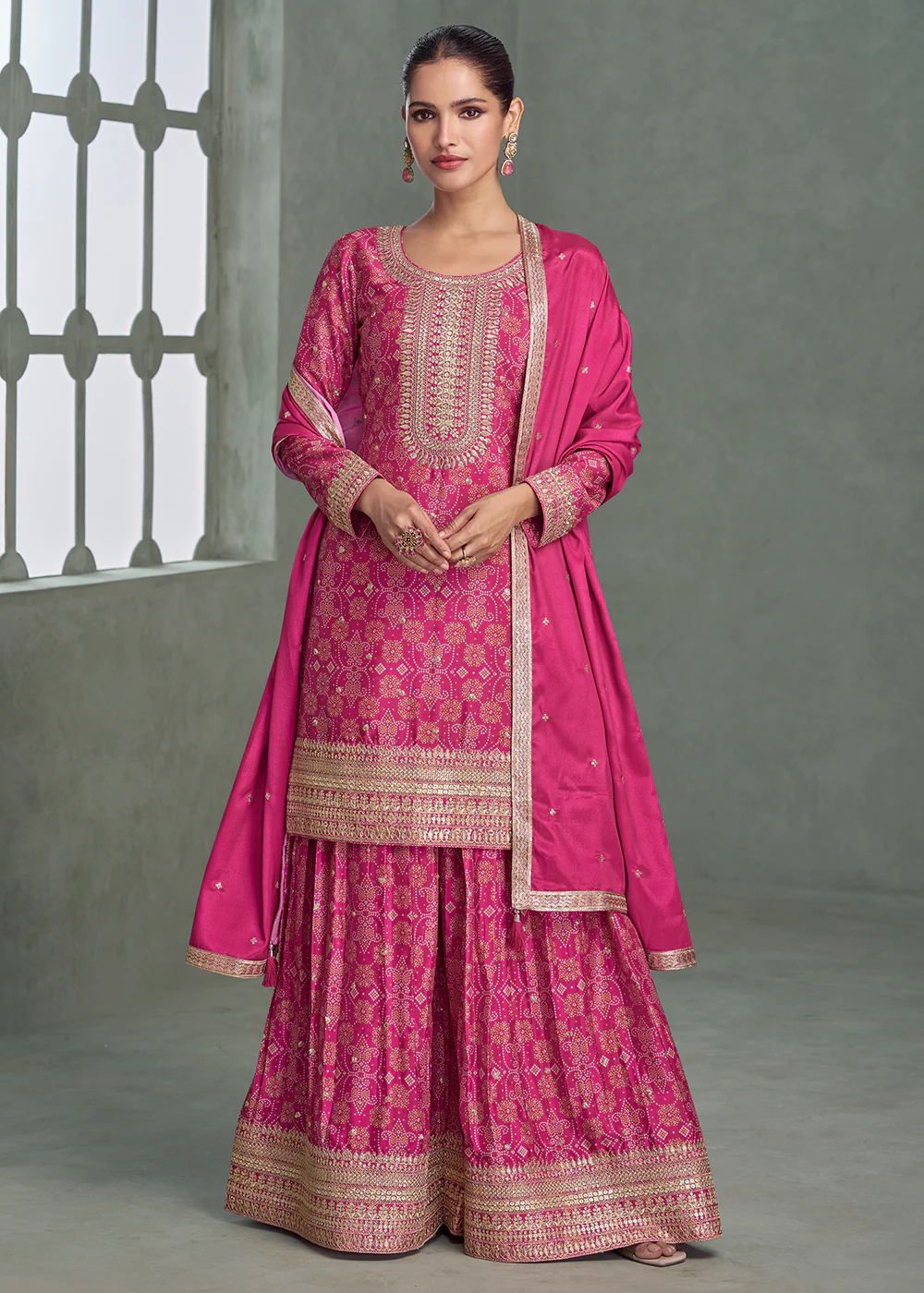 Bandhani Printed Rani Embroidered Palazzo Style Suit