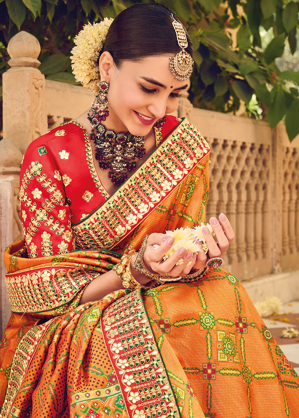 Bandhej Patola Pure Silk Orange Wedding Traditional Saree - Image 2