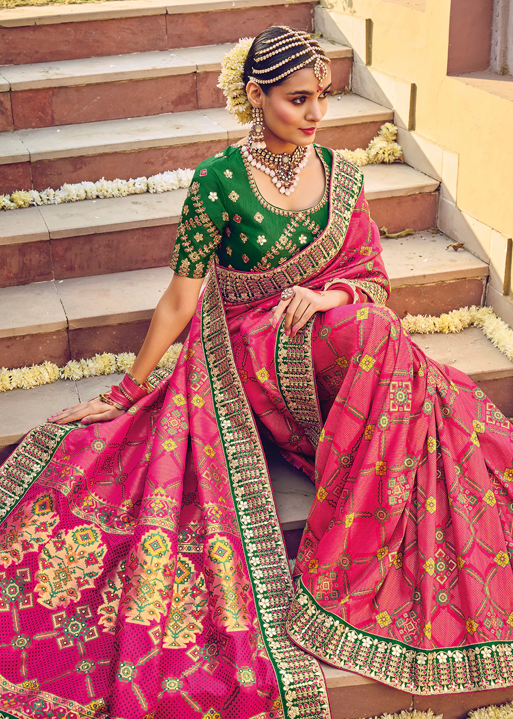 Bandhej Patola Pure Silk Pink Wedding Traditional Saree - Image 2