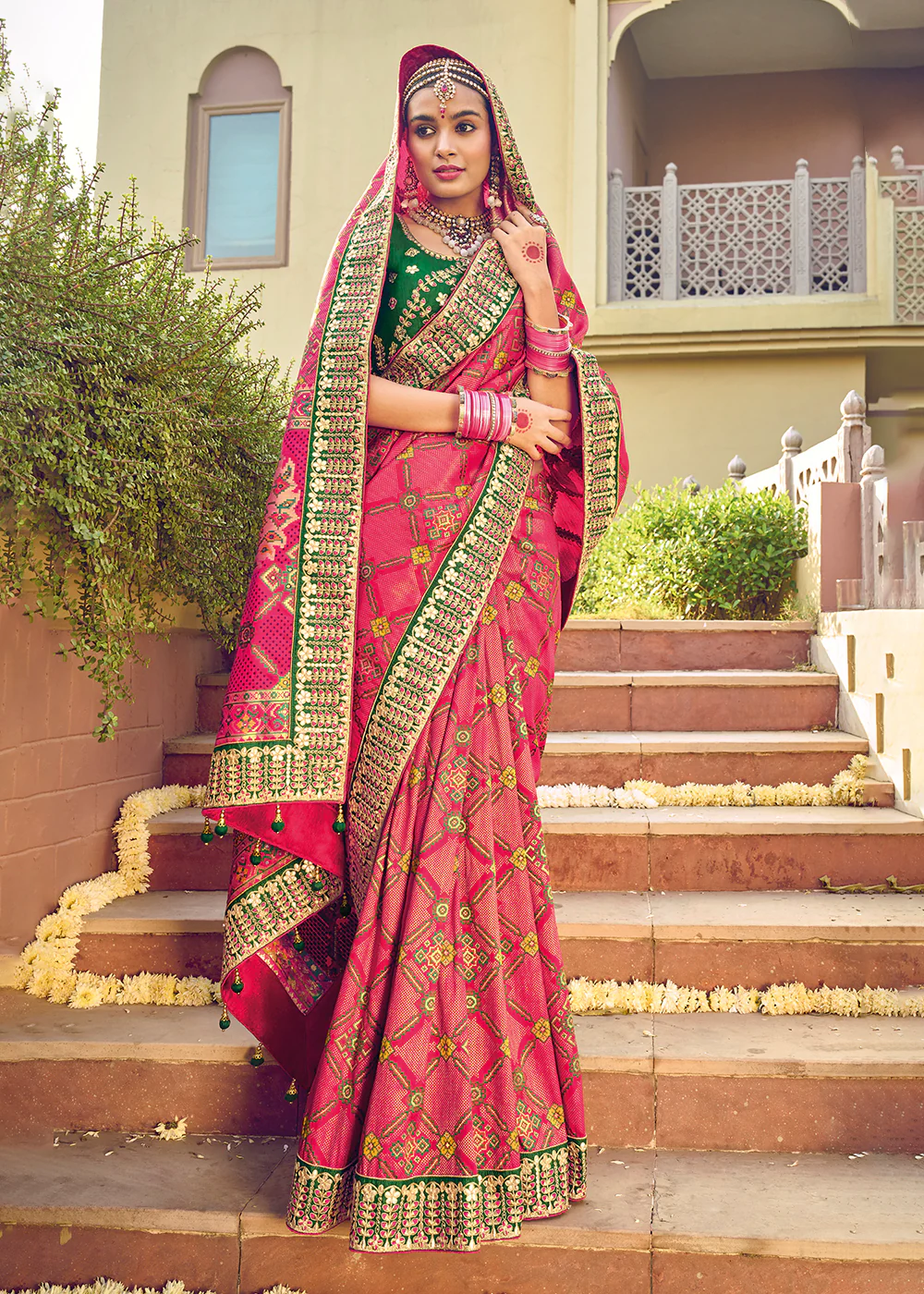 Bandhej Patola Pure Silk Pink Wedding Traditional Saree - Image 3