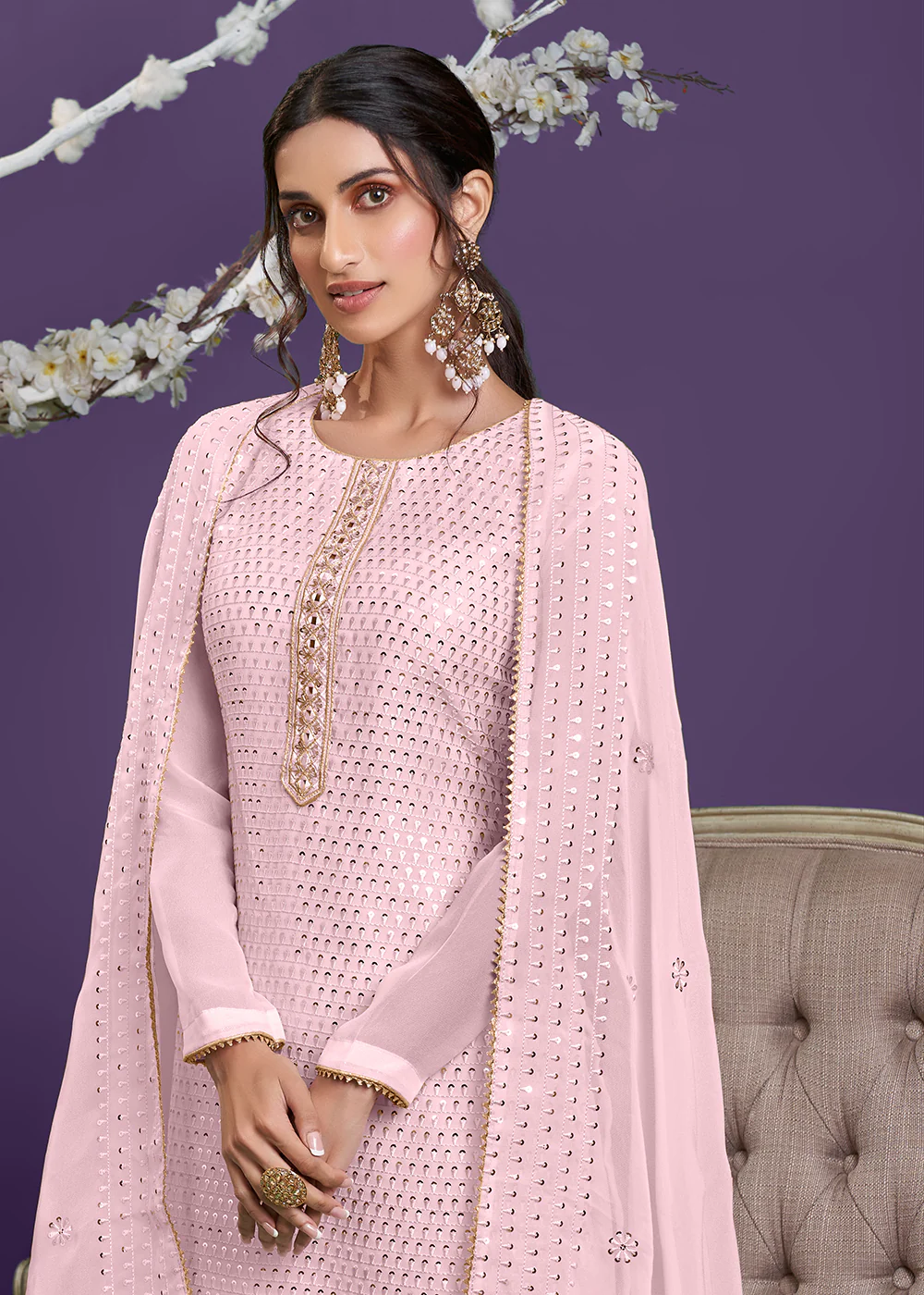 Barbie Pink Khatli Work Embroidered Georgette Sharara Suit - Image 2