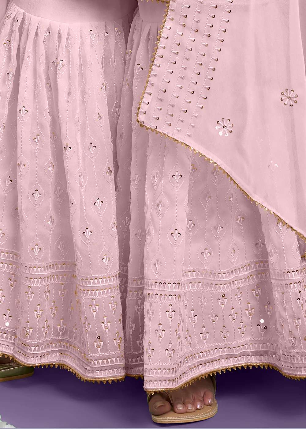Barbie Pink Khatli Work Embroidered Georgette Sharara Suit - Image 3