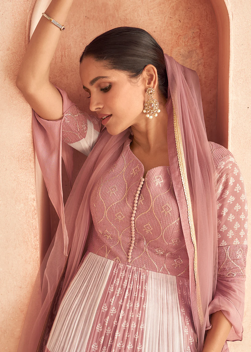 Beatific Pink & White Georgette Embroidered Wedding Wear Gown - Image 2
