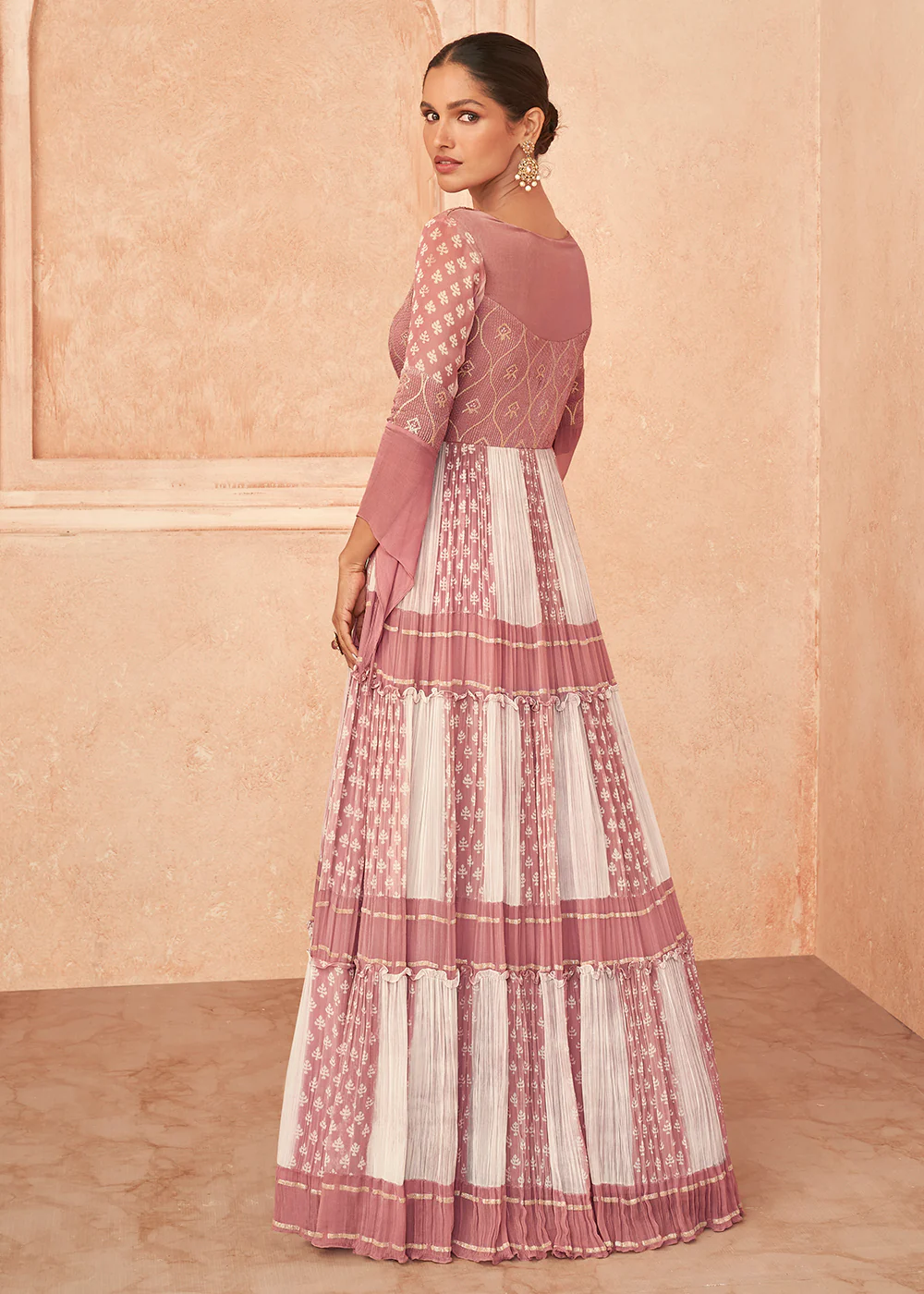 Beatific Pink & White Georgette Embroidered Wedding Wear Gown - Image 3