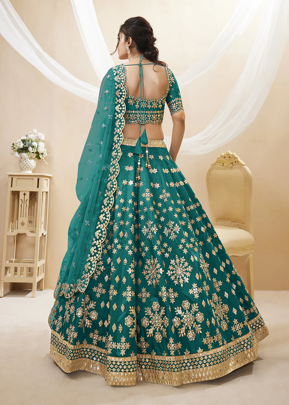 Beatific Teal Green Art Silk Embroidered Reception Wear Lehenga Choli - Image 2