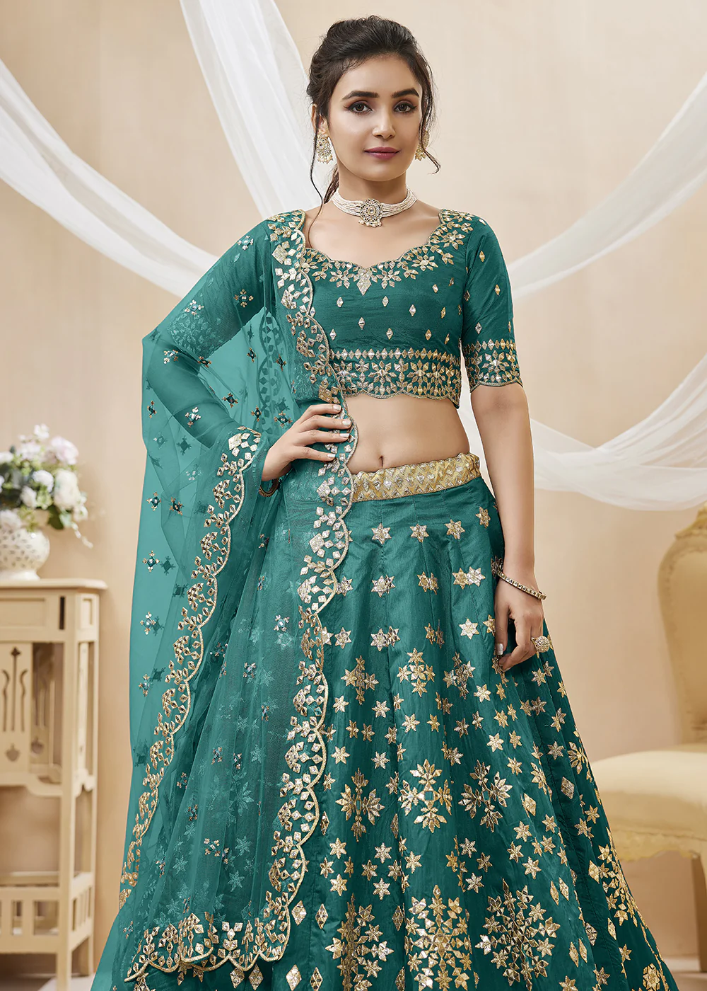 Beatific Teal Green Art Silk Embroidered Reception Wear Lehenga Choli - Image 3