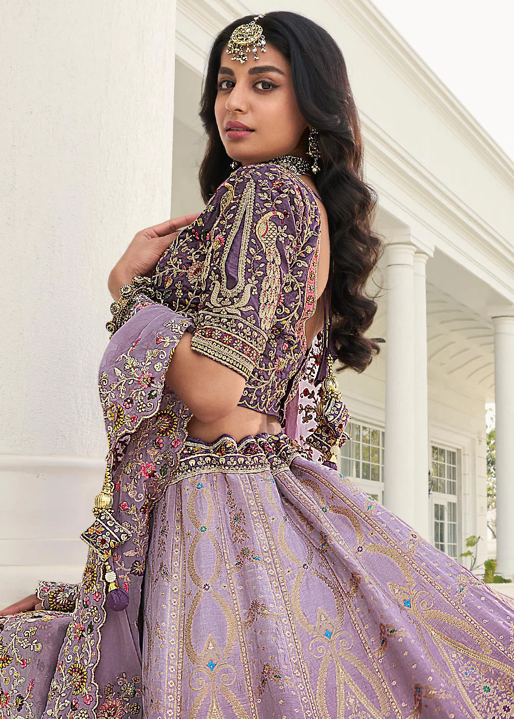 Beauteous Lavender Heavy Embroidered Silk Bridal Lehenga Choli - Image 3