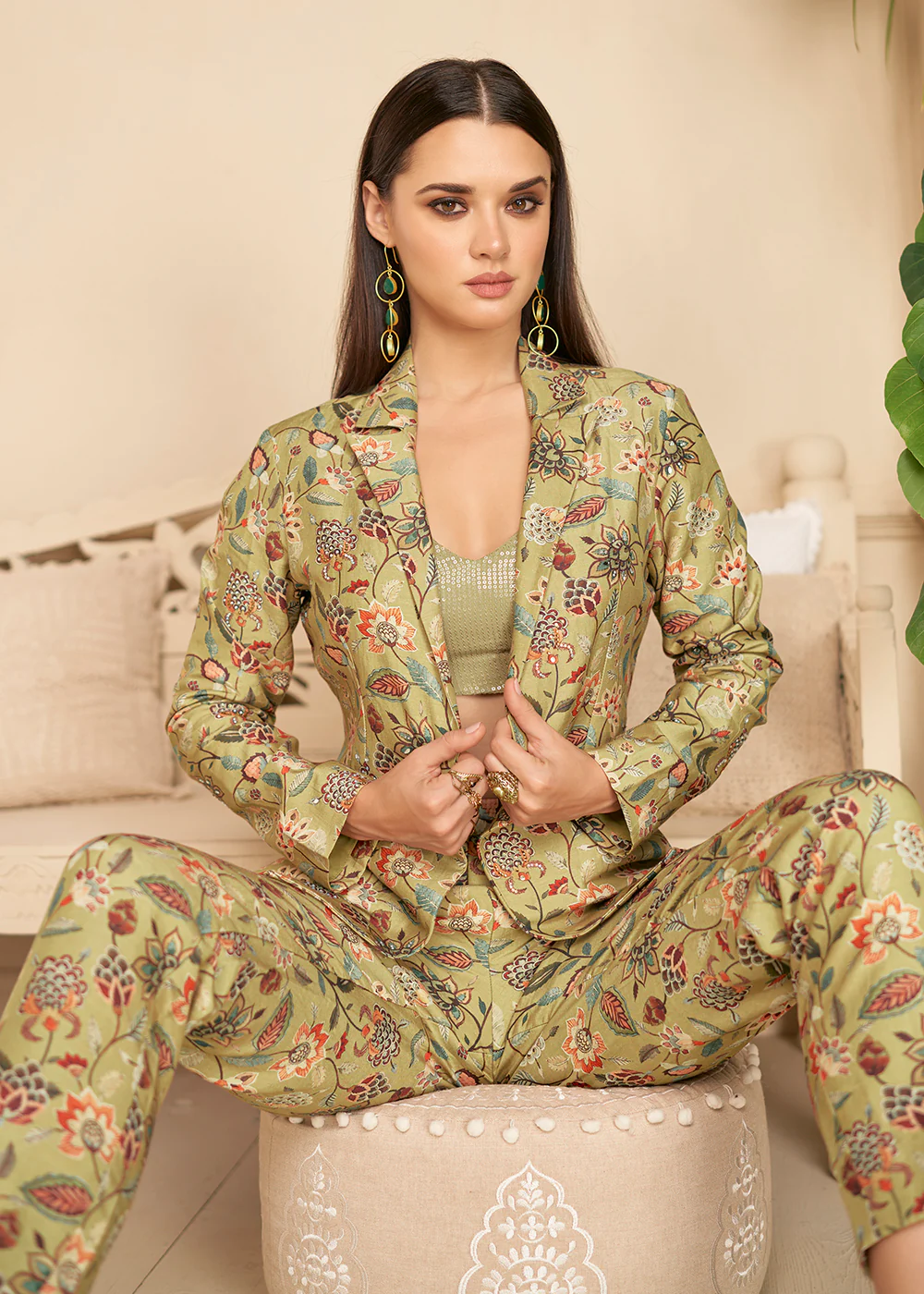 Beauteous Sheen Green Silk Party Wear 3 Piece Co-ord Sets - Image 3