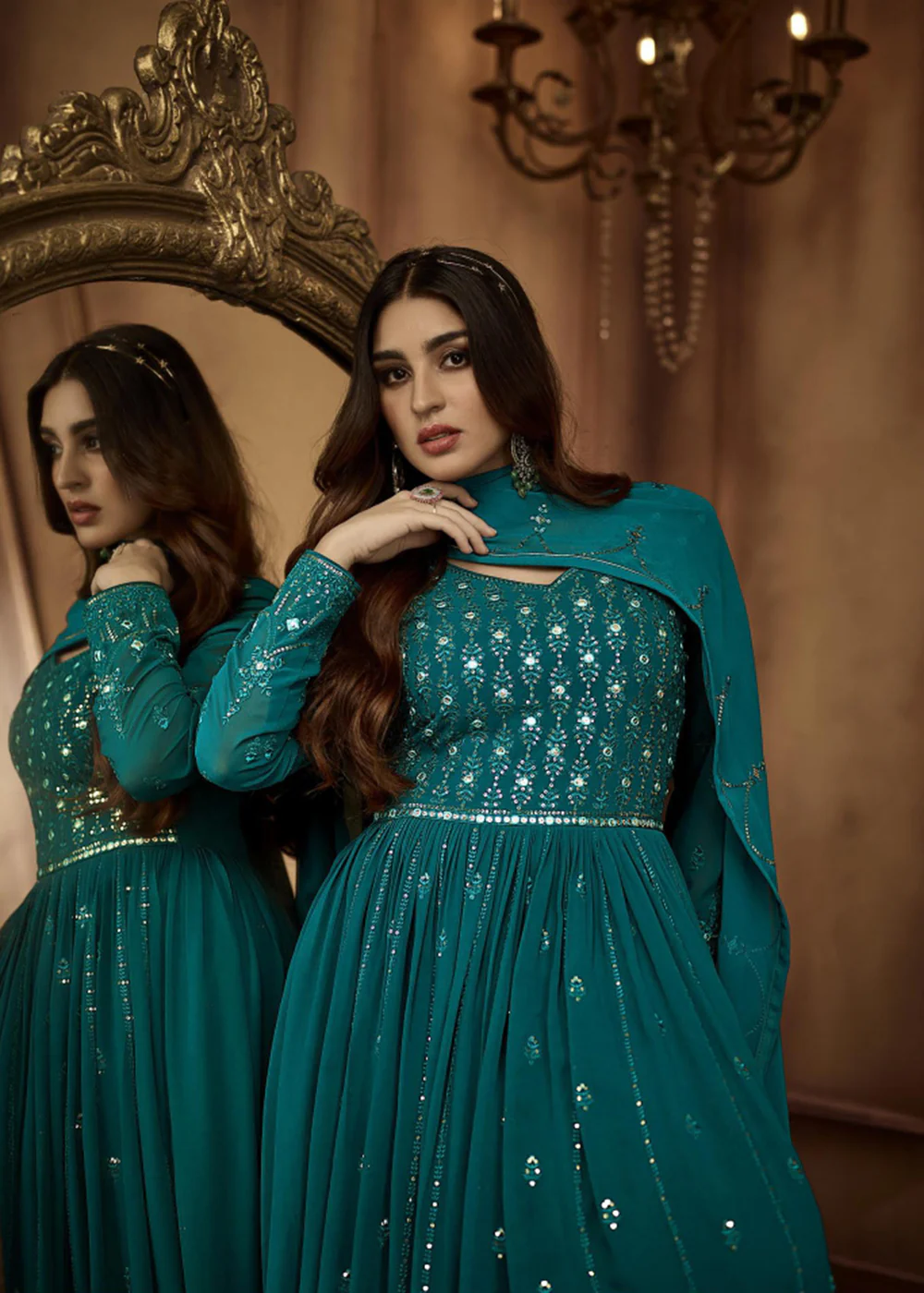 Beauteous Teal Green Sequins Wedding Festive Anarkali Suit - Image 2