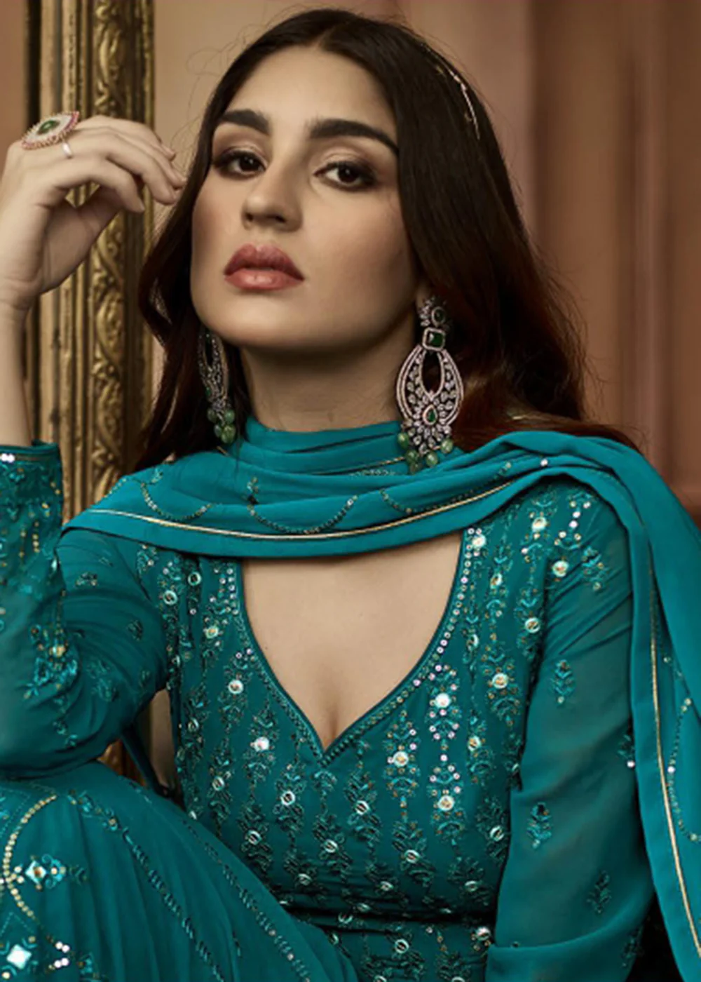 Beauteous Teal Green Sequins Wedding Festive Anarkali Suit - Image 3