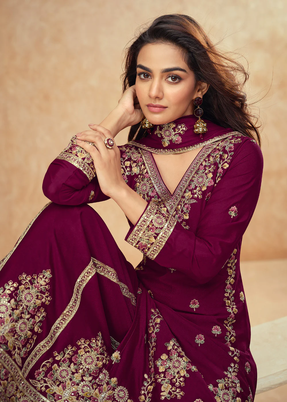 Beautific Purple Premium Chinnon Silk Wedding Palazzo Suit - Image 4