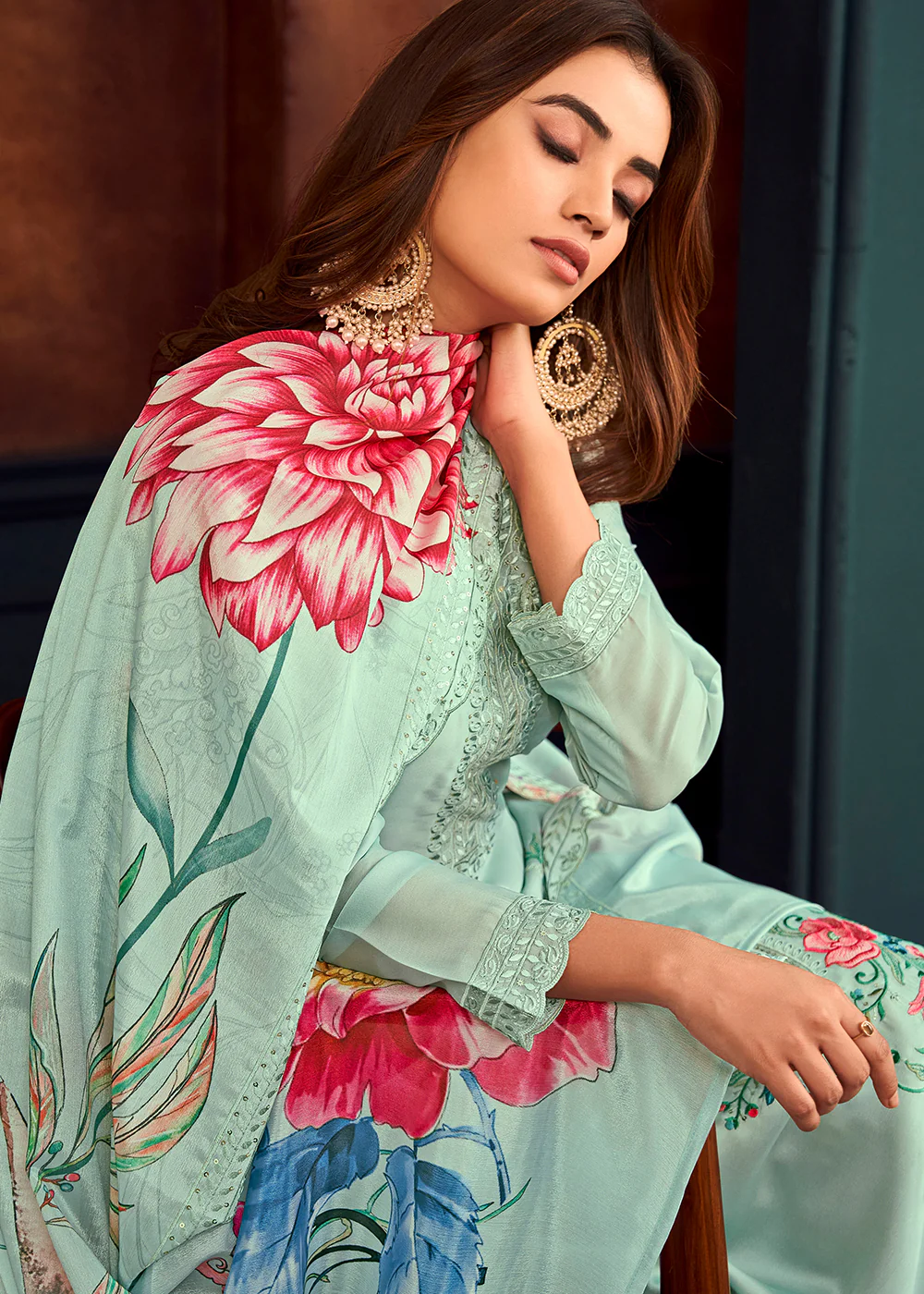 Beautiful Aqua Blue Georgette Festive Salwar Kurta Suit - Image 2