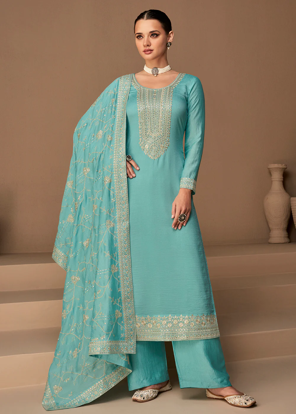 Beautiful Aqua Blue & Gold Embroidered Premium Silk Salwar Suit