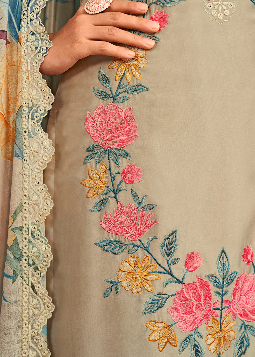 Beautiful Beige Georgette Festive Salwar Kurta Suit - Image 3
