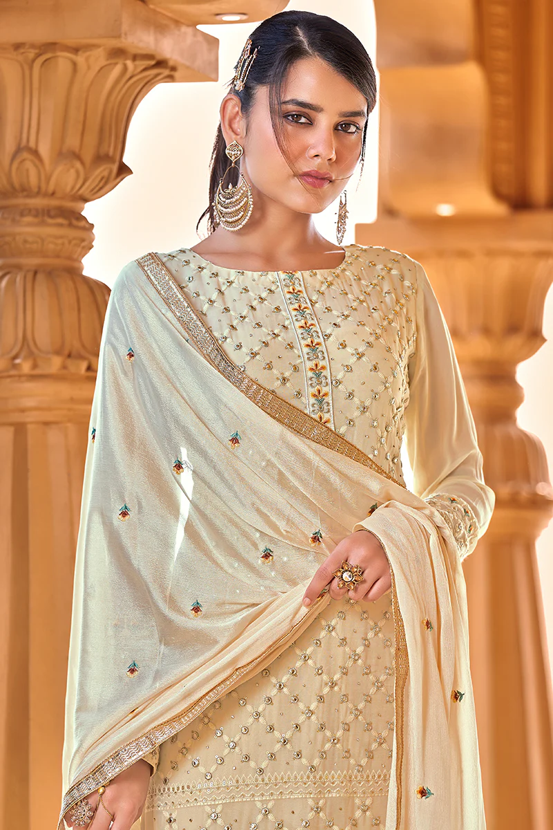 Beautiful Beige Georgette Viscose Embroidered Salwar Suit - Image 2