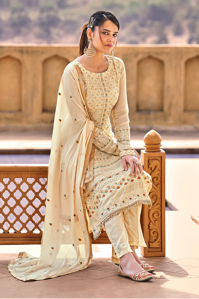 Beautiful Beige Georgette Viscose Embroidered Salwar Suit - Image 3