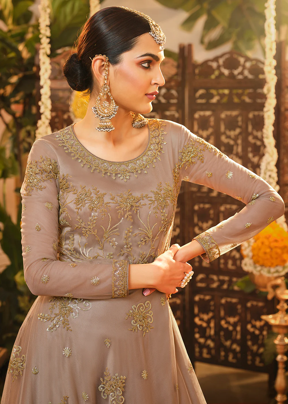 Beautiful Beige Mauve Embroidered Designer Floor Length Anarkali - Image 2