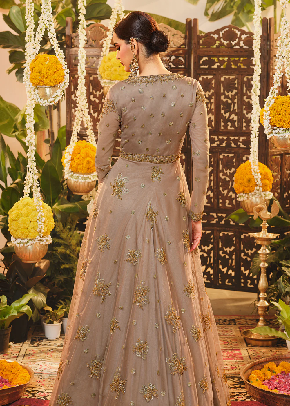 Beautiful Beige Mauve Embroidered Designer Floor Length Anarkali - Image 3