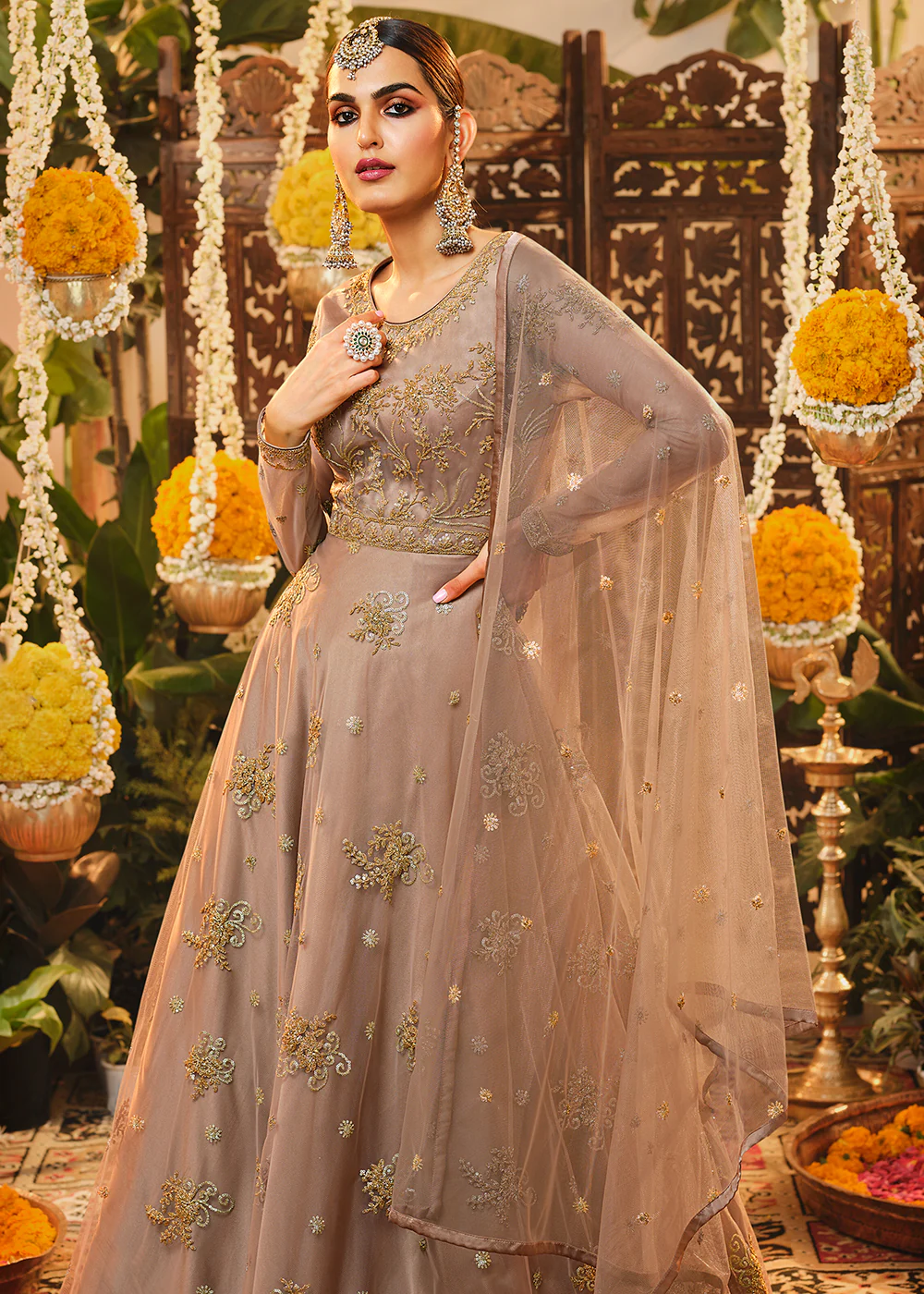 Beautiful Beige Mauve Embroidered Designer Floor Length Anarkali - Image 4