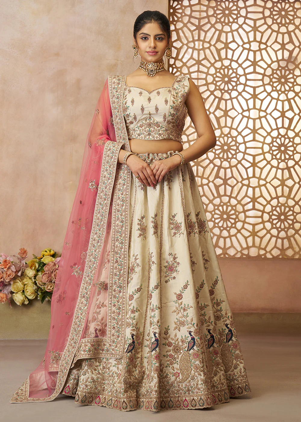 Beautiful Beige Zari Silk Embroidered Wedding Lehenga Choli