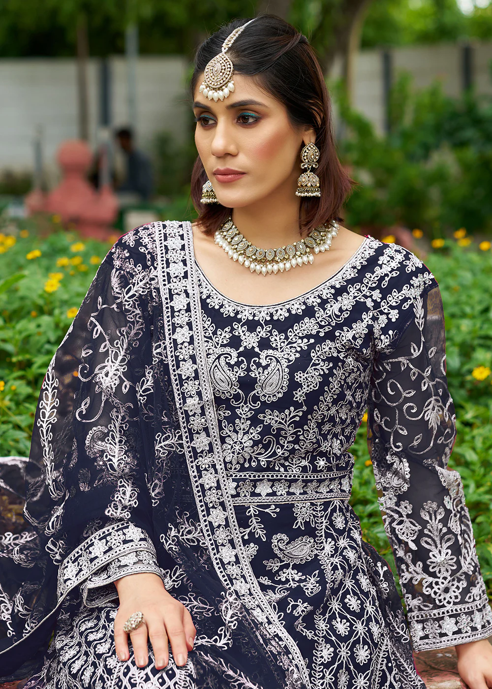 Beautiful Blue Front & Back Work Wedding Anarkali Suit - Image 4
