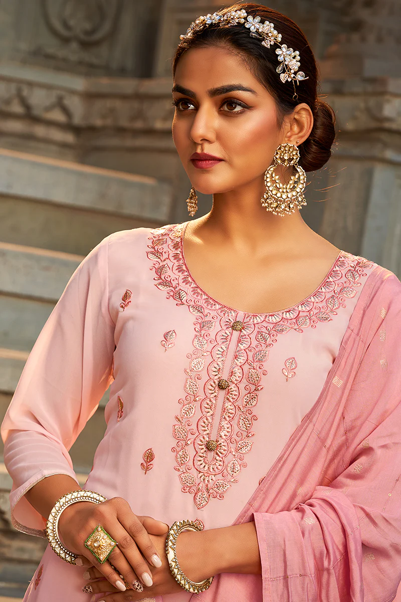 Beautiful Blush Pink Georgette Festive Designer Sharara Suit - Image 2