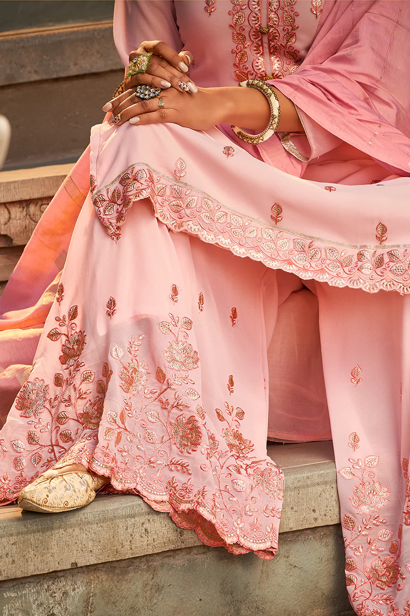 Beautiful Blush Pink Georgette Festive Designer Sharara Suit - Image 4