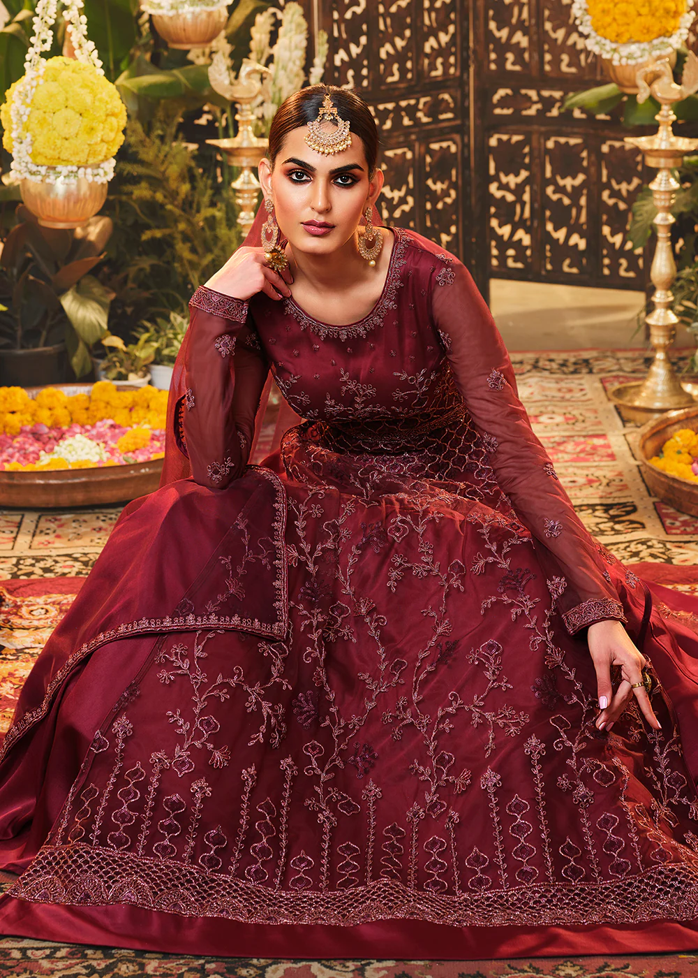 Beautiful Bright Red Embroidered Designer Floor Length Anarkali - Image 4