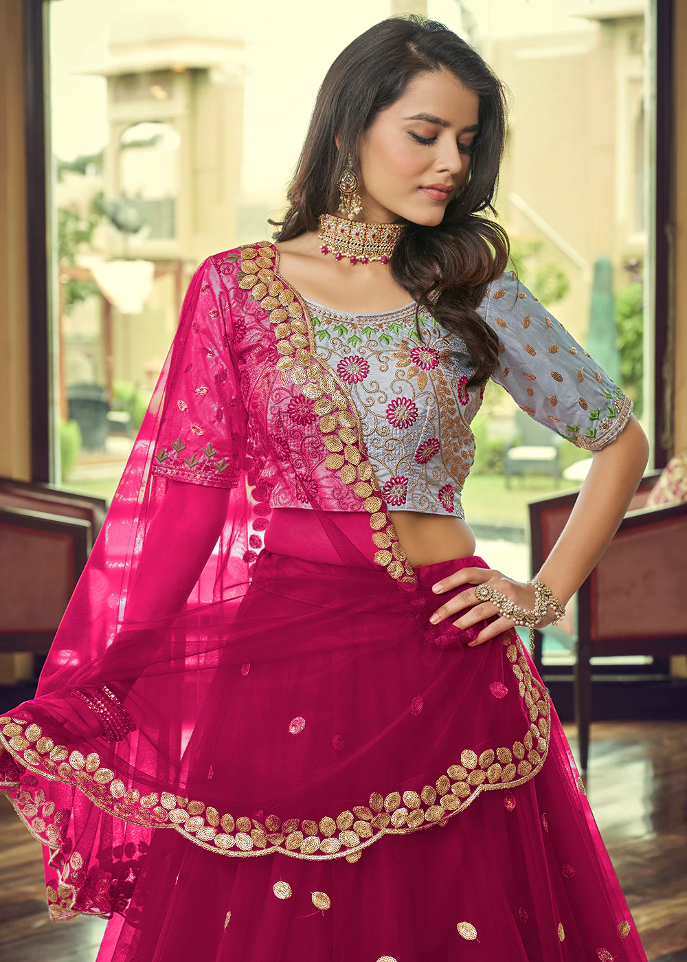 Beautiful Cherry Pink Heavy Net Party Wear Lehenga Choli - Image 2