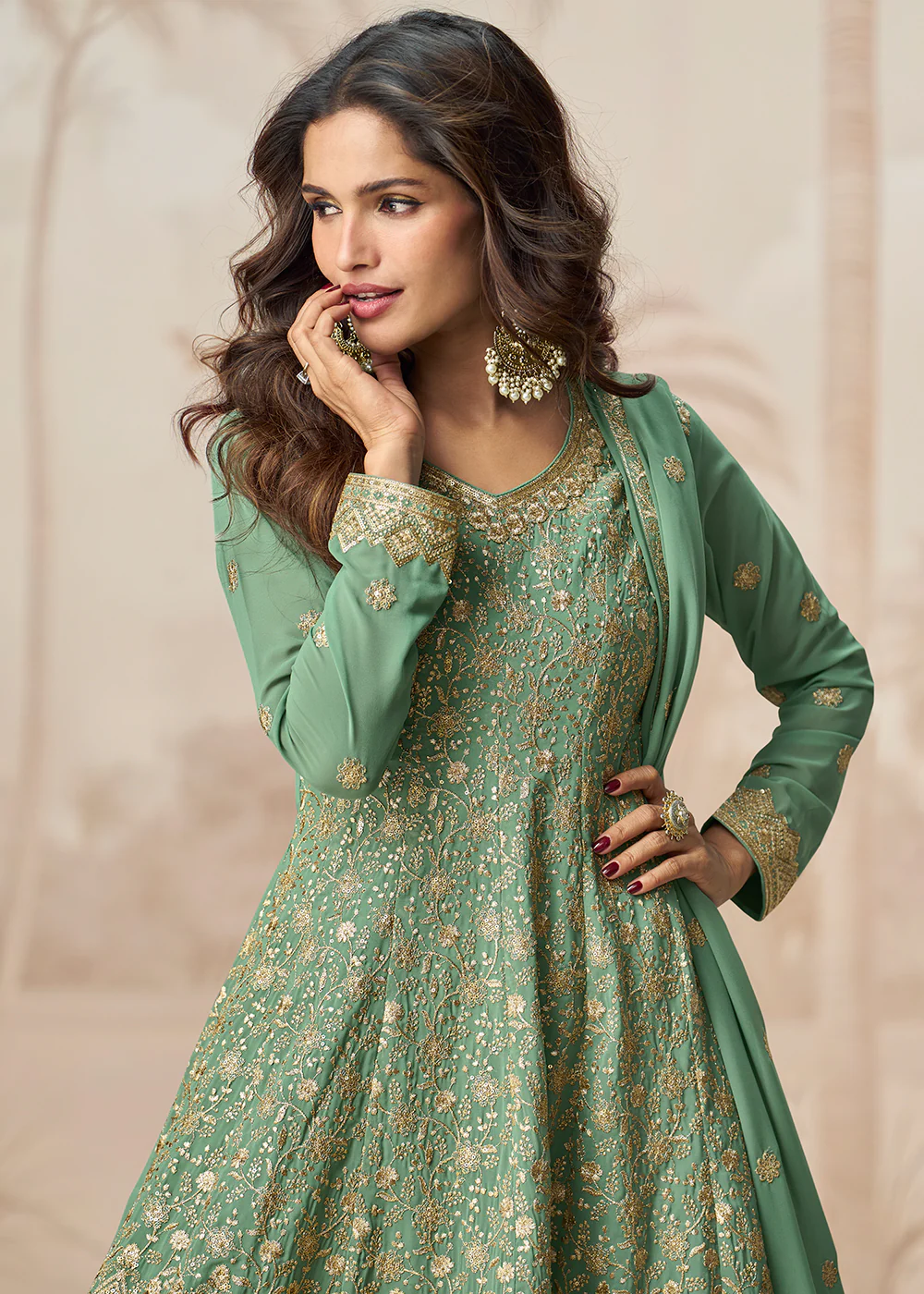 Beautiful Green Color Embroidered Designer Palazzo Suit - Image 2