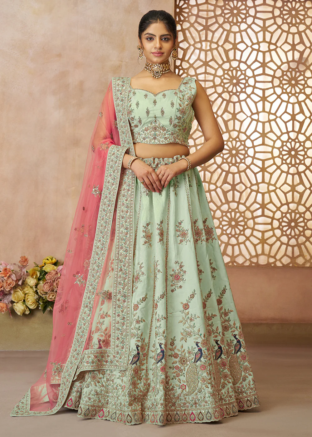 Beautiful Green Zari Silk Embroidered Wedding Lehenga Choli