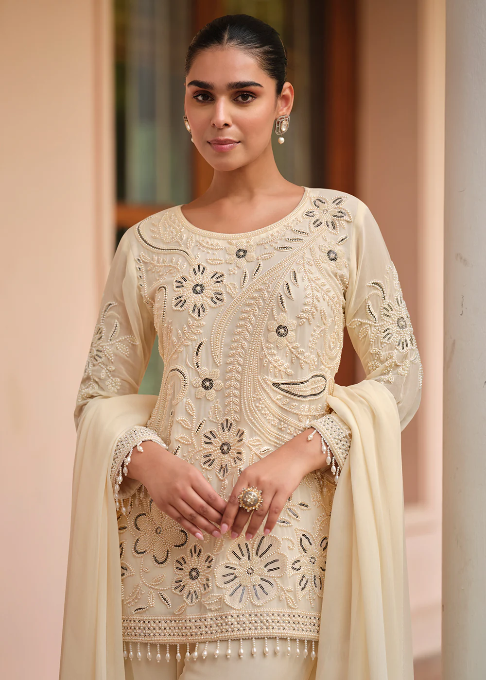 Beautiful Ivory Georgette Trouser Style Suit - Image 2