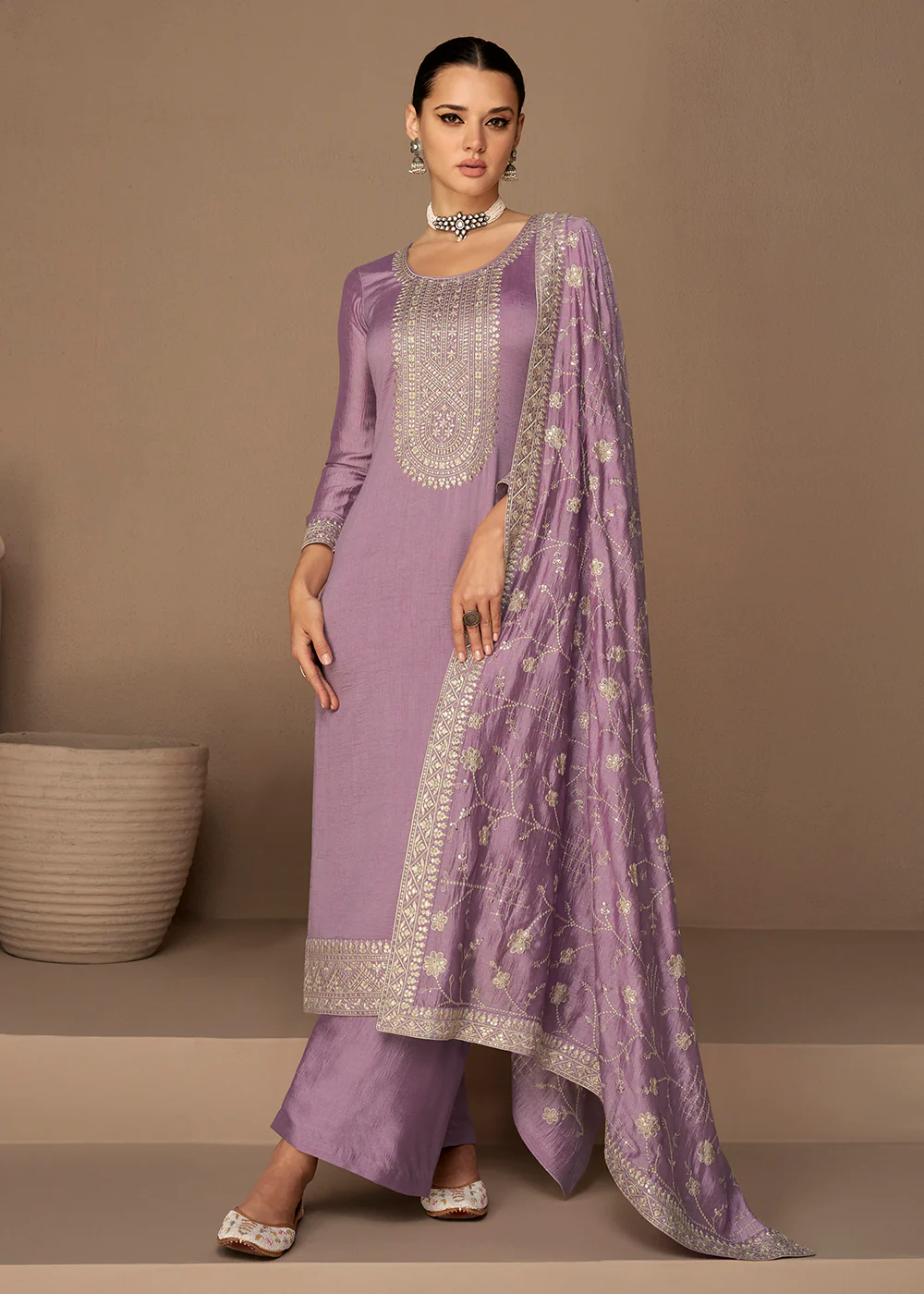 Beautiful Lavender & Gold Embroidered Premium Silk Salwar Suit
