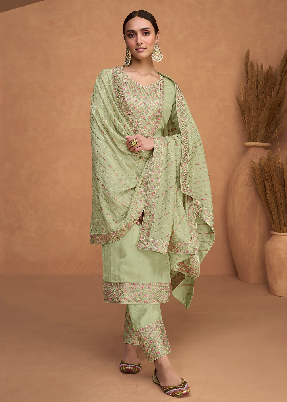 Beautiful Light Green Premium Silk Pant Style Salwar Suit