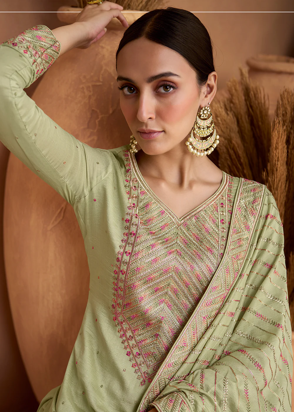 Beautiful Light Green Premium Silk Pant Style Salwar Suit - Image 2