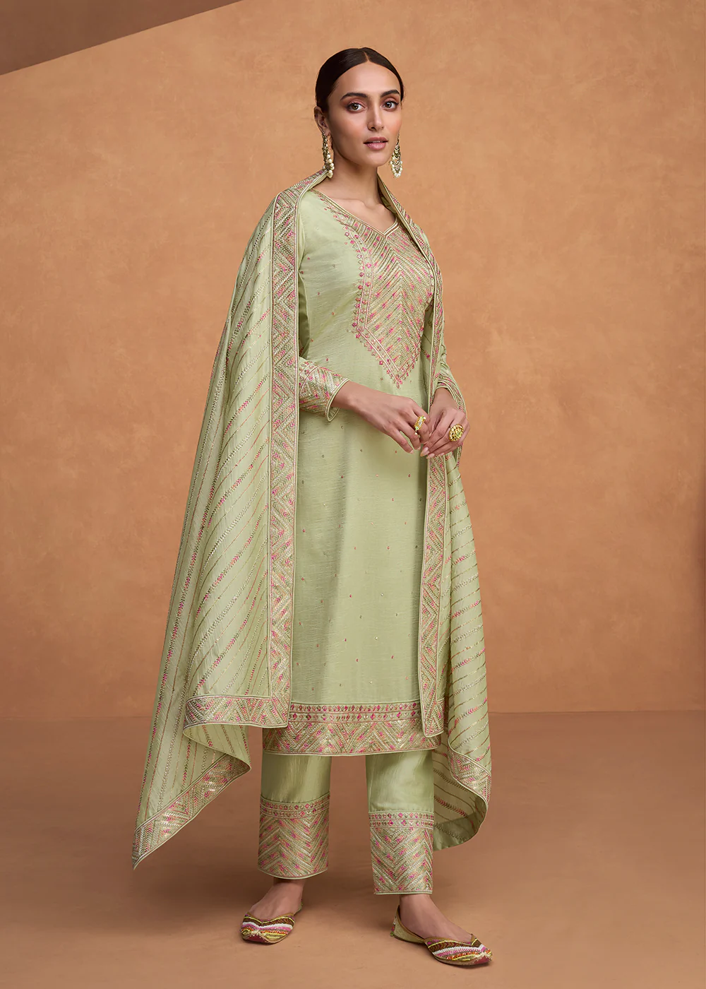 Beautiful Light Green Premium Silk Pant Style Salwar Suit - Image 3