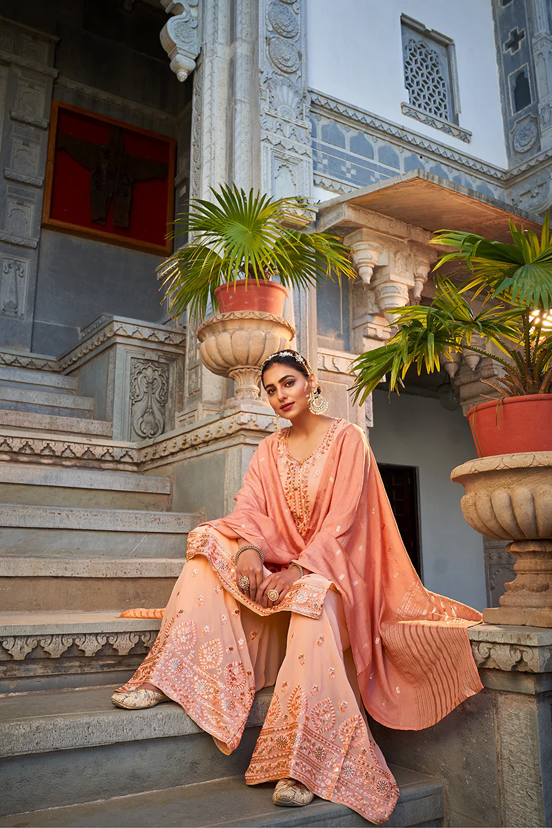 Beautiful Light Peach Georgette Festive Designer Sharara Suit - Image 5