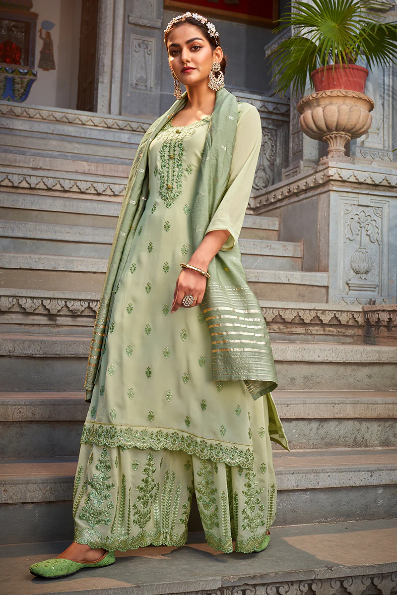 Beautiful Mint Green Georgette Festive Designer Sharara Suit - Image 4